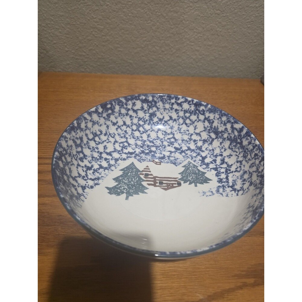 Tienshan Folk Craft Cabin in the Snow Christmas 12โ Serving Bowl Speckled Vtg